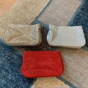 Lot of 3 Ulta Glitter Makeup Bags Red Silver Gold